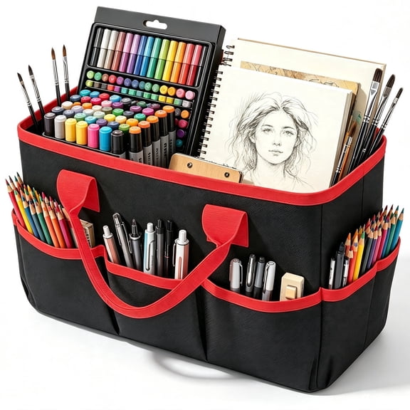 Godery Craft Organizer Tote Bag, Portable Art Supply Storage Caddy, for Office Desk, Books, Stationery, Black