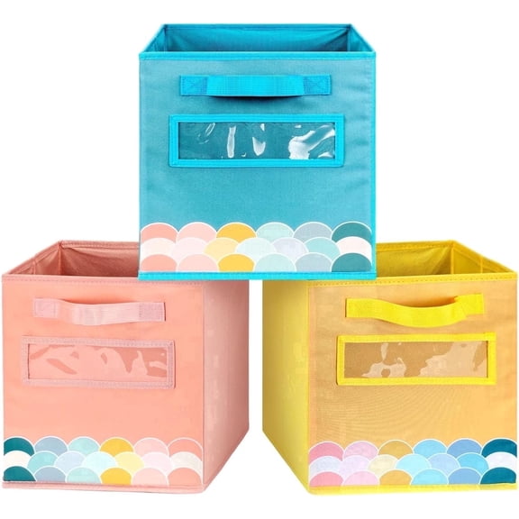 Godery Collapsible Clothing Storage Non-Woven Fabric Bedroom Storage Bins with Handle & Label Window, Pink, 3 Count, 3 Pack