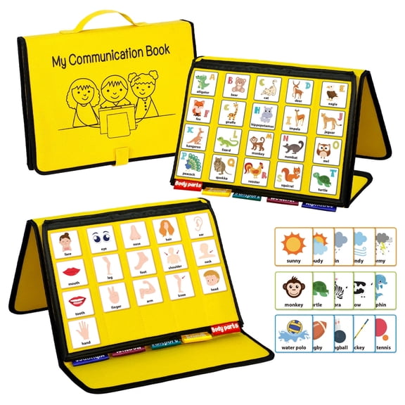 Godery Visual Communication Book PECS with 26 Alphabet Letters & Animals, Weather, Transport, Portable Storage Pocket, Fine Motor Skills & Speech Development Toy for Autism Special Needs Montessori B