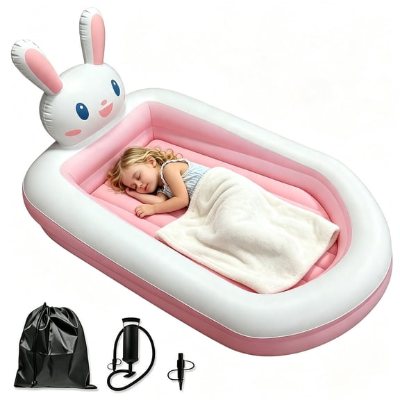 Godery Youth Portable Inflatable Travel Bed with Safety Rails, Quick Inflate Air Pump & Storage Carry Bag, Detachable Soft PVC Mattress for Camping, Travel & Home Indoor Rest