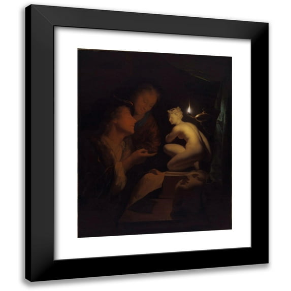 Godfried Schalcken 12x14 Black Modern Framed Museum Art Print Titled - Young Man and Woman Studying a Statue of Venus, by Lamplight (1688 - 1692)