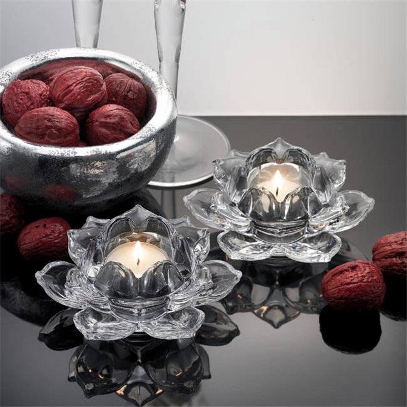 Clear Crystal Lotus Flower Votive Candle Holders, Set of 2