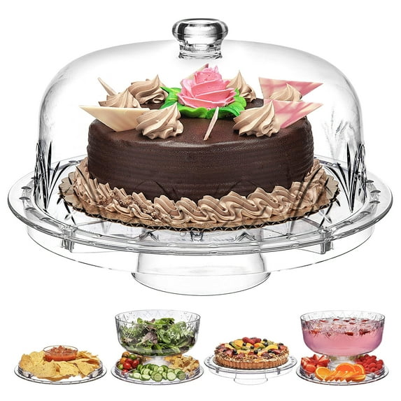 Godinger 6 in 1 Cake Stand and Serving Plate Platter with Dome Cover, Multi-Purpose Use, Shatterproof and Reusable Acrylic - Dublin Collection