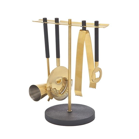 Godinger Bar Tool Set with Stand with Jigger Opener Bar Knife Ice Tong & Strainer Black Handle Mixology Kit 5 Piece Set