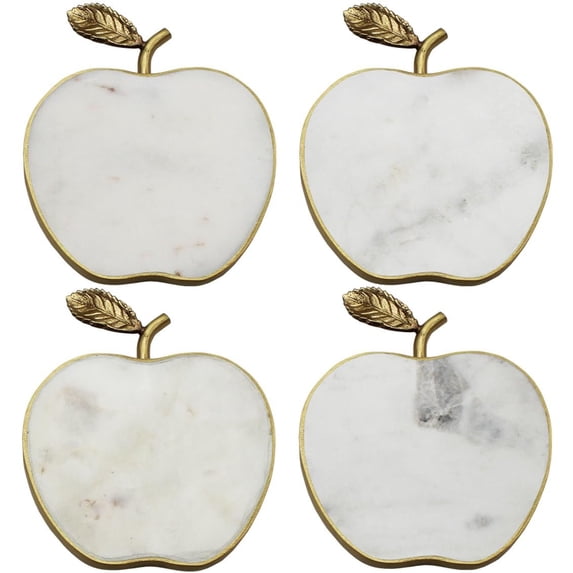 Godinger Apple Coasters, Set of 4, White Marble with Stainless Steel Accents, Modern Home Decor and Gift for Housewarming, Christmas, Anniversary