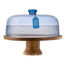 Godinger Cake Stand, Footed Cake Plate with Dome, Acacia Wood and Shaterproof Acrylic Lid, Wood Cake Stand with Dome Vintage Romantic Decor - Blue