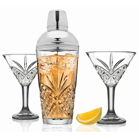 Godinger Cocktail Shaker and Cocktail Glasses Bar Set, Martini Shaker and 2 Martini Glasses Set - Dublin Collection