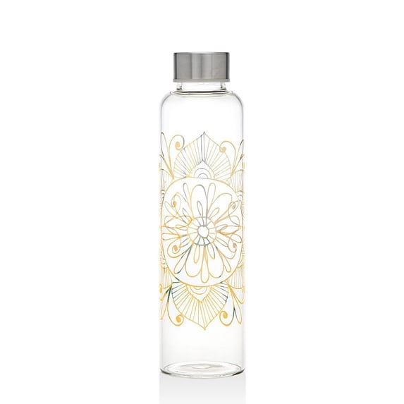 Godinger Glass Water Bottle, for Water, Gatorade, Juices & Herbal Tea Medallion Print, Reusable Bottle with Stainless Steel Lid, 20oz