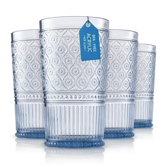 Godinger Highball Drinking Glasses, Acrylic Drinking Glasses Set, Elegant Tall Plastic Cups, Vintage Romantic Decor - 19oz, Set of 4