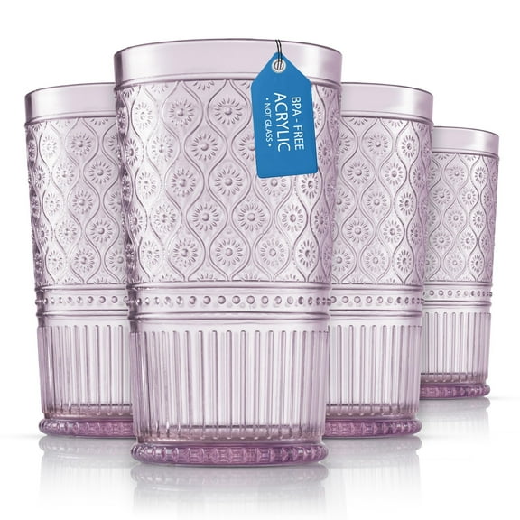Godinger Highball Drinking Glasses, Acrylic Drinking Glasses Set, Elegant Tall Plastic Cups, Vintage Romantic Decor - Set of 4, Lavender