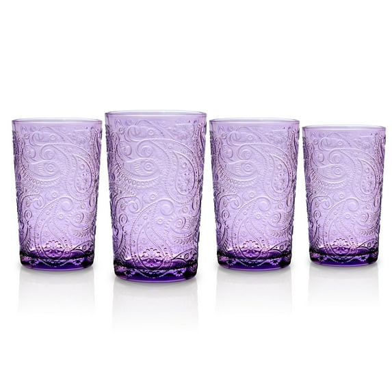 Godinger Highball Drinking Glasses, Tall Glass Cups Cocktail Glasses, Water Glasses, Romantic Design - Paisley Collection, Lavender, Set of 4
