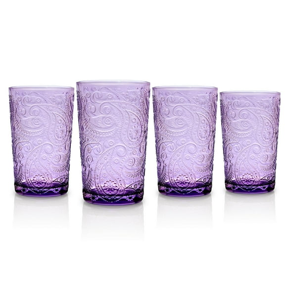 Godinger Highball Drinking Glasses, Tall Glass Cups Cocktail Glasses, Water Glasses, Romantic Design - Paisley Collection, Lavender, Set of 4