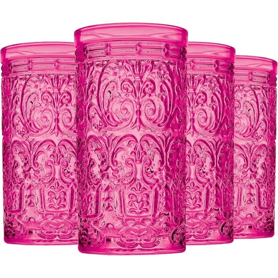 Godinger Highball Drinking Glasses, Tall Glass Cups Vintage Design - Jax Collection, Hot Pink, Set of 4