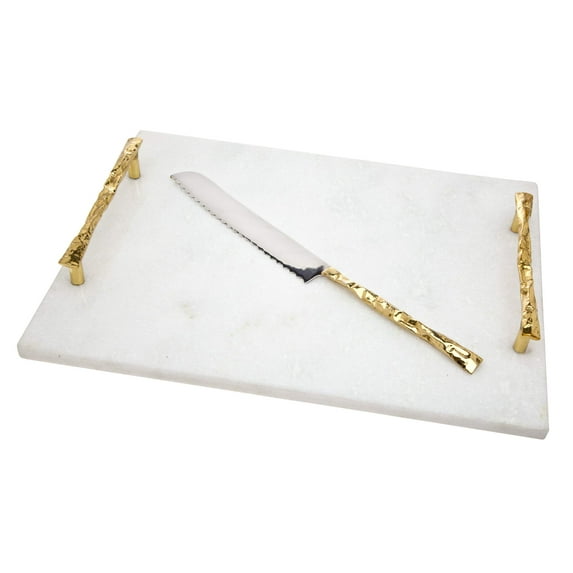 Godinger Marble Challah Board, Cutting Board, Carving Board with Gold Trim Includes Knife