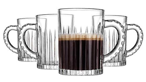 Clear Glass 14oz Round Coffee Mugs with Silver Accents, Set of 4