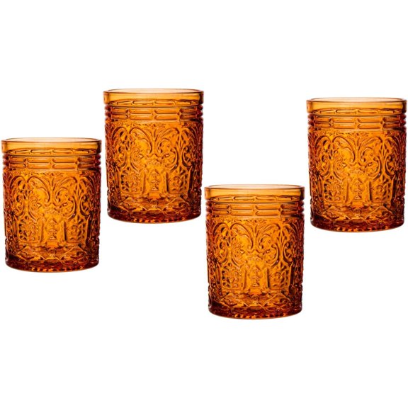 Godinger Old Fashioned Whiskey Glasses, Drinking Glasses, Vintage Decor, Glass Cups, Water Glasses, Cocktail Glasses - Jax Collection, 12oz, Orange, Set of 4