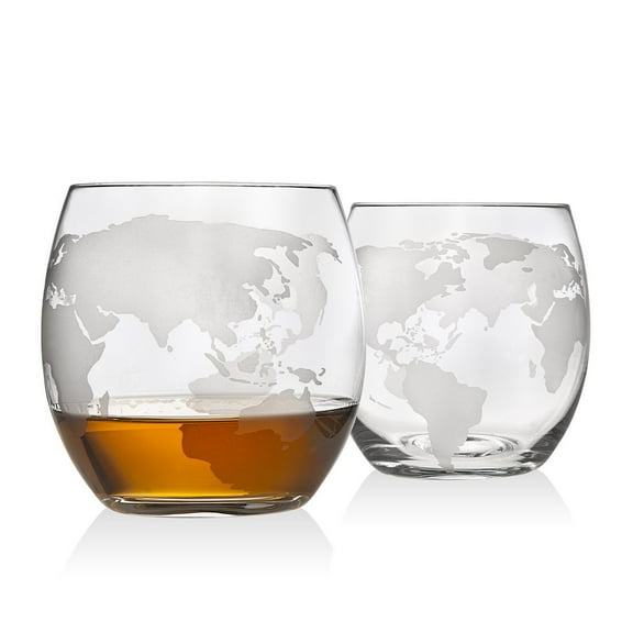 Godinger Old Fashioned Whiskey Glasses, Etched Globe Map - Set of 2
