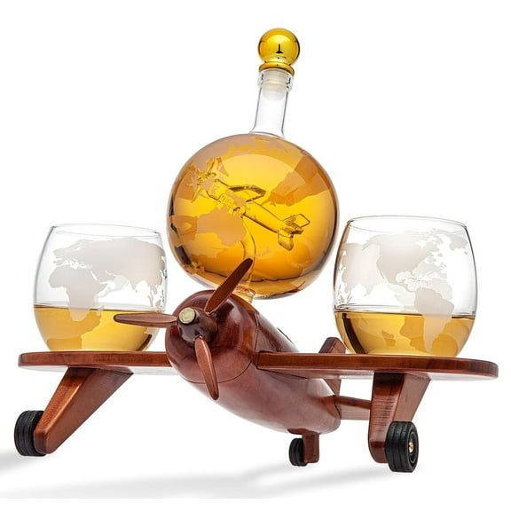 Godinger Whiskey Decanter Airplane Globe Set with 2 World Whiskey Glasses - for Liquor Scotch Bourbon Vodka
