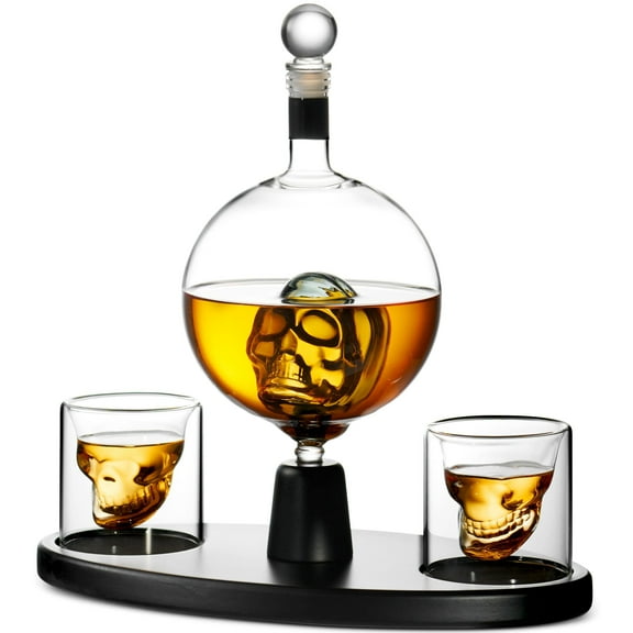 Godinger Whiskey Decanter, Skull Decanter with Glasses on Wooden Display Tray, Liquor Glasses, Gift Set Clear, Medium