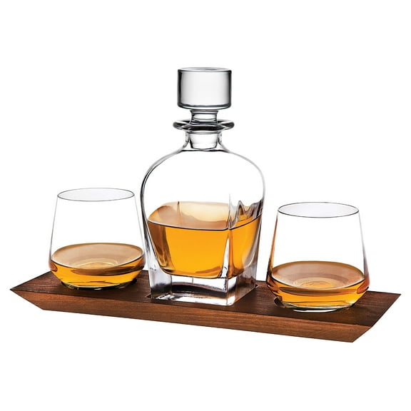 Godinger Whiskey Decanter and Whiskey Glasses Bar Set on Elegant Wooden Display Tray