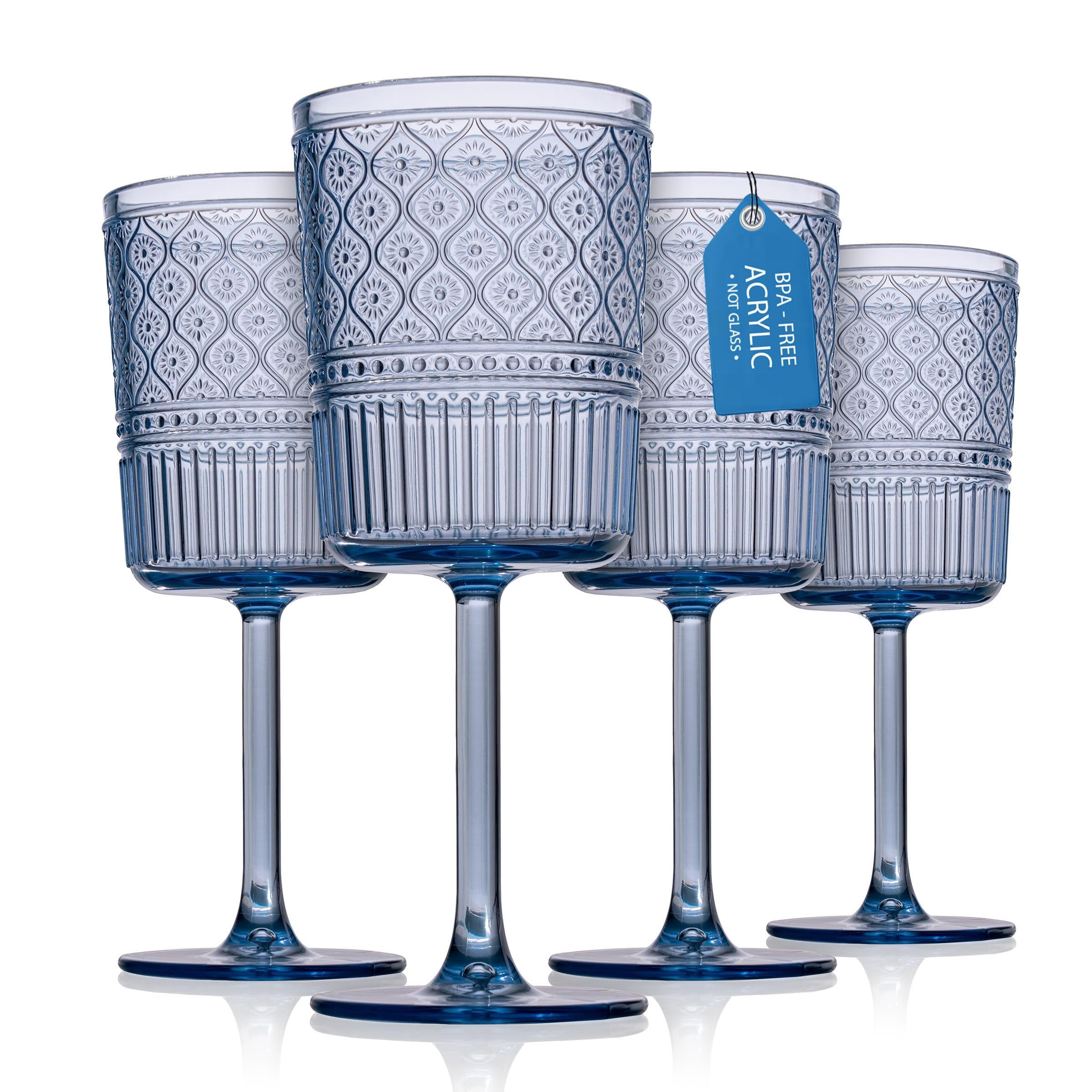 Godinger Wine Glasses, Acrylic Wine Glass Cups with Stem, Red Wine Glasses,  Plastic Drinking Glasses, Vintage Romantic Decor - Clear, Set of 4 Blue