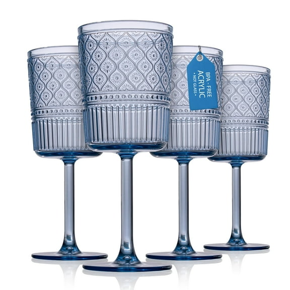 Godinger Wine Glasses, Acrylic Wine Glass Cups with Stem, Red Wine Glasses, Plastic Drinking Glasses, Vintage Romantic Decor - Clear, Set of 4 Blue