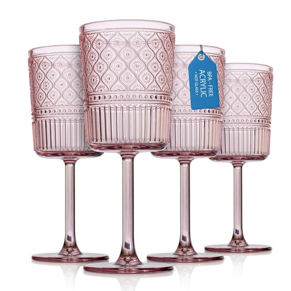 Godinger Wine Glasses, Acrylic Wine Glass Cups with Stem, Red Wine Glasses, Plastic Drinking Glasses, Vintage Romantic Decor - Clear, Set of 4 Blush