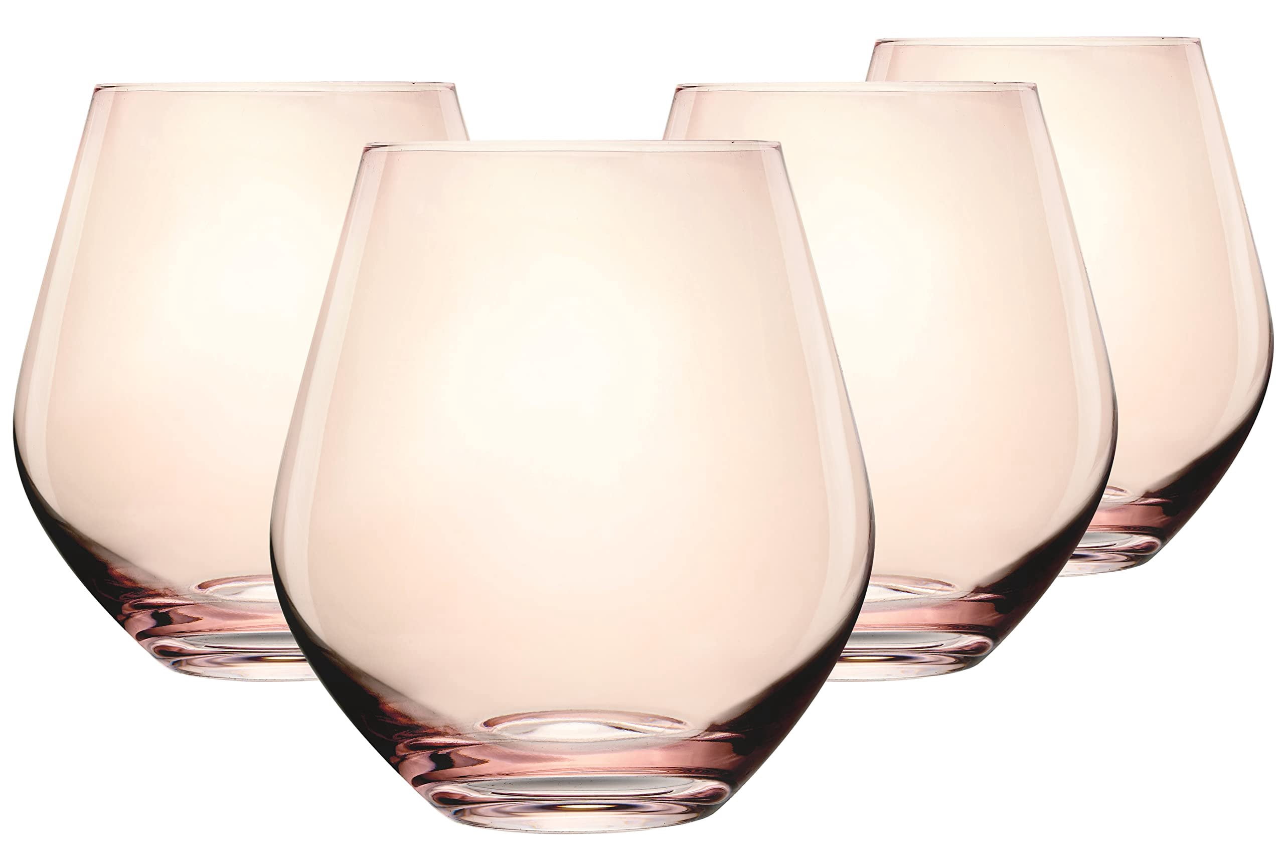 Godinger Wine Glasses, Stemless Wine Glasses, Red Wine Glasses, Drinking Glasses, European Made Stemless Wine Glass - Blush, 17oz, Set of 4