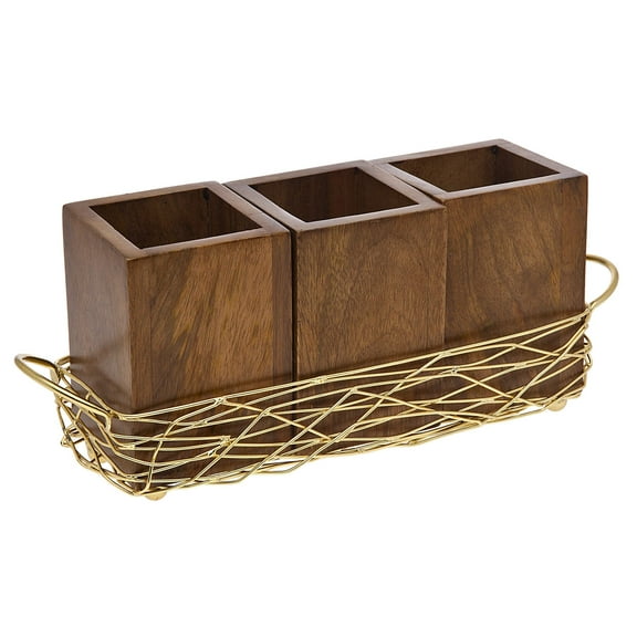 Godinger Wooden Three Section Cutlery Caddy Organizer, Nest Collection - Gold