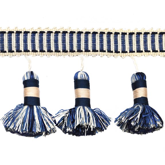 Godiva Collection - 4" length LARGE TASSEL FRINGE (25 Yard Roll) - BF-4098-05/24 Navy Blue and Ivory