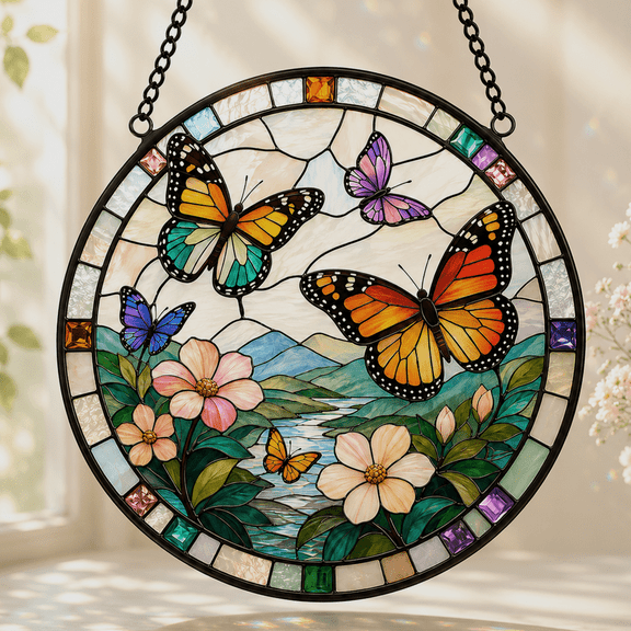 Godmerch Butterfly Stained Glass Suncatcher Window Hanging Decor, Colorful Acrylic Butterfly Sun Catcher with Flowers for Home Garden, Gift for Women Nature Lovers
