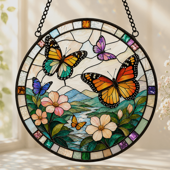 Godmerch Butterfly Stained Glass Suncatcher Window Hanging Decor, Colorful Acrylic Butterfly Sun Catcher with Flowers for Home Garden, Gift for Women Nature Lovers