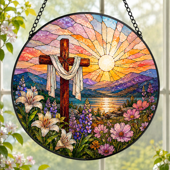 Godmerch Christian Cross Stained Glass Suncatcher Window Hanging Decor, Colorful Acrylic Religious Sun Catcher Ornament for Home Garden, Faith Gift for Family Friends