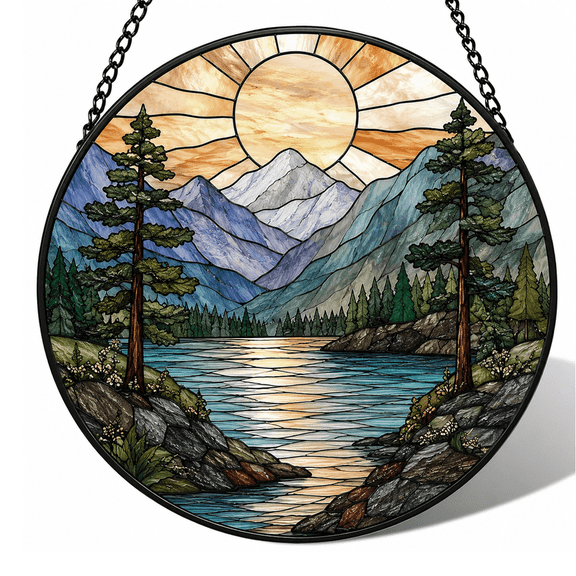 Godmerch Mountain Landscape Stained Glass Suncatcher Window Hanging Decor, Nature Acrylic Sun Catcher Ornament for Cabin Home Garden, Gift for Hiking Lovers