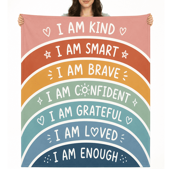 Godmerch Rainbow Affirmation Throw Blanket - I Am Kind Smart Brave - Teacher Gift 40x30in