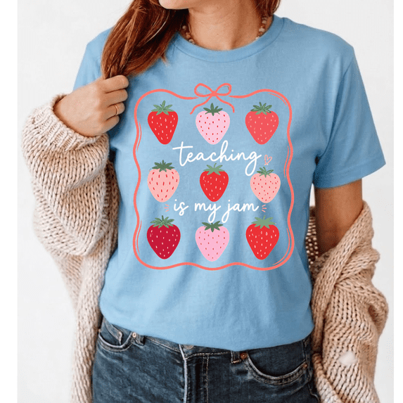 Godmerch Teaching Is My Jam Crewneck Teacher Graphic Shirt, Strawberry First Day of School Teacher Gifts Tee