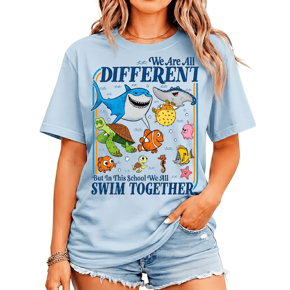 Godmerch We Are All Different Teacher Shirt for Women Back to School Cute Ocean Classroom Motivational Graphic Tee Gift