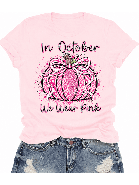 Women's 100% Cotton In October We Wear Pink Leopard Pumpkin Breast Cancer T-Shirt