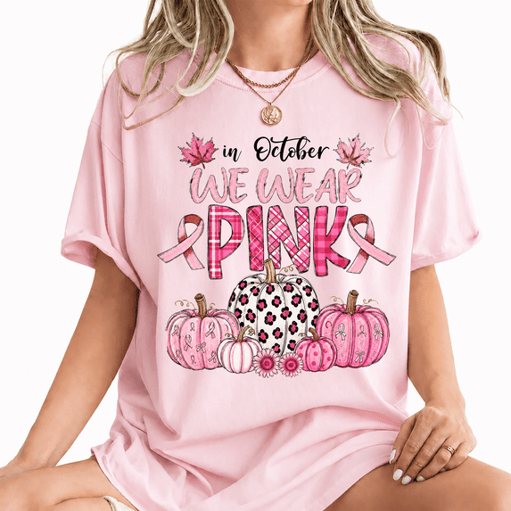 Godmerch Women's 100% Cotton In October We Wear Pink Plaid Pumpkin Breast Cancer T-Shirt