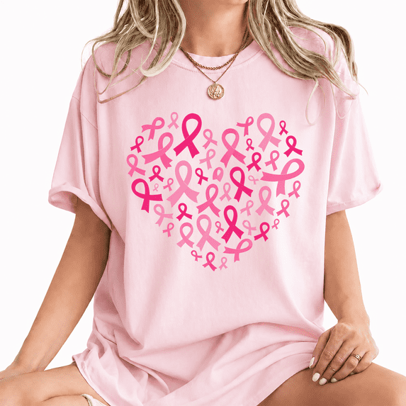 Godmerch Women's 100% Cotton Pink Ribbon Heart Breast Cancer Awareness T-Shirt