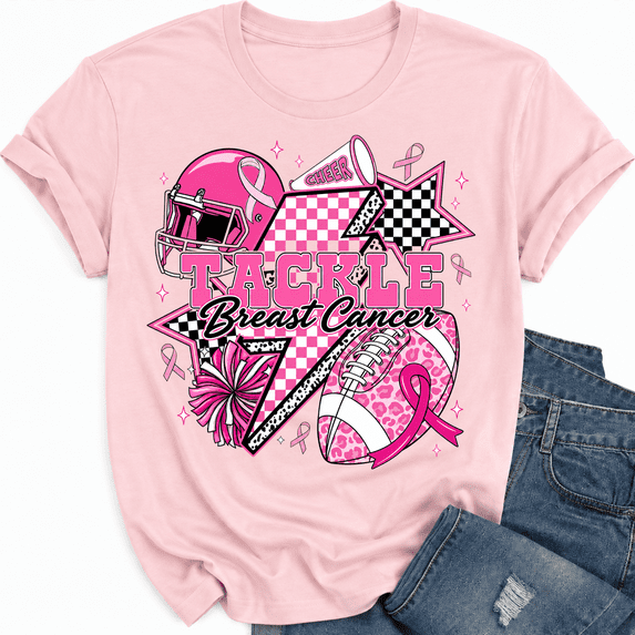 Godmerch Women's 100% Cotton Tackle Breast Cancer Awareness Football Cheer Pink Ribbon T-Shirt