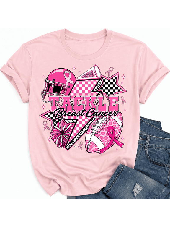 Women's 100% Cotton Tackle Breast Cancer Awareness Football Cheer Pink Ribbon T-Shirt