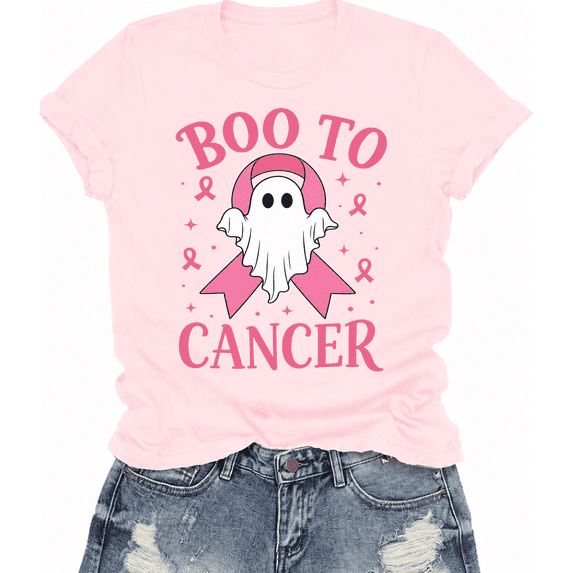 Godmerch Women's Boo to Cancer Funny Halloween Ghost Breast Cancer Awareness Pink Ribbon T-Shirts
