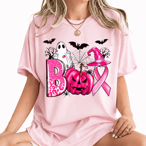 Godmerch Women's Breast Cancer Awareness Halloween Boo Graphic T-Shirt