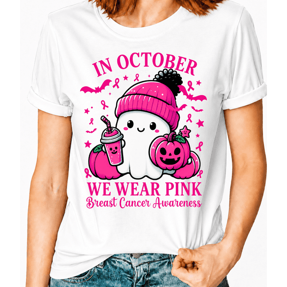 Godmerch Women's Breast Cancer Awareness Halloween Boo Graphic Tee