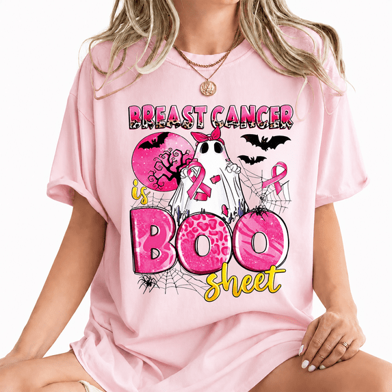 Godmerch Women's Breast Cancer Is Boo Sheet Funny Awareness Pink Ribbon Halloween Tee