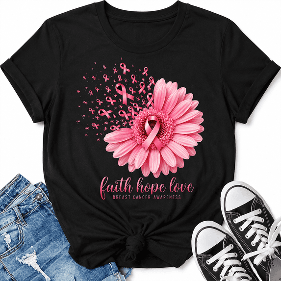 Godmerch Women's Faith Hope Love Breast Cancer Awareness Christian Pink Ribbon Daisy Floral T-Shirt
