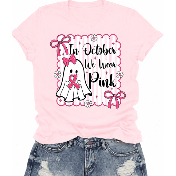 Godmerch Women's In October We Wear Pink Cute Ghost Coquette Pink Ribbon Breast Cancer T-Shirt
