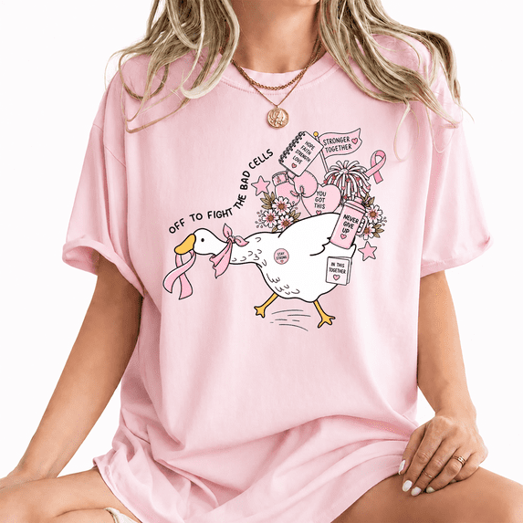 Godmerch Women's Off to Fight the Bad Cells Funny Goose Breast Cancer Awareness Pink Ribbon T-Shirt