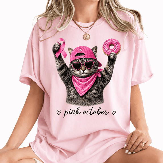 Godmerch Women's Pink October Cute Funny Cat Breast Cancer Awareness Pink Ribbon Graphic T-Shirt